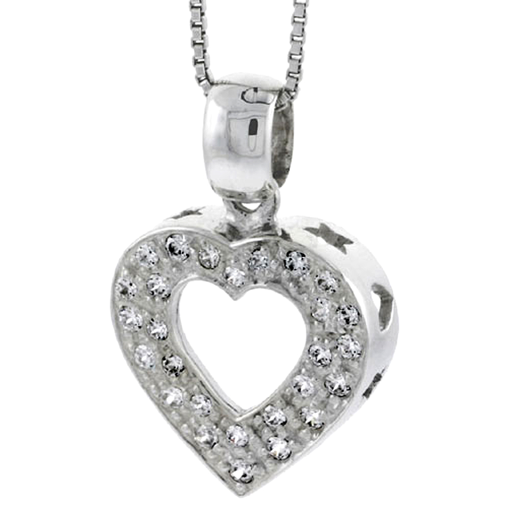 HIGH POLISHED STERLING SILVER 3/4" (18 MM) TALL HEART CUT OUT PENDANT, W/ BRILLIANT CUT CZ STONES, W/ 18" THIN BOX CHAIN