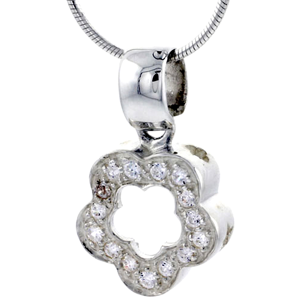 HIGH POLISHED STERLING SILVER 11/16" (17 MM) TALL FLOWER CUT OUT PENDANT, 1.5MM BRILLIANT CUT CZ STONES, W/ 18" THIN BOX CHAIN