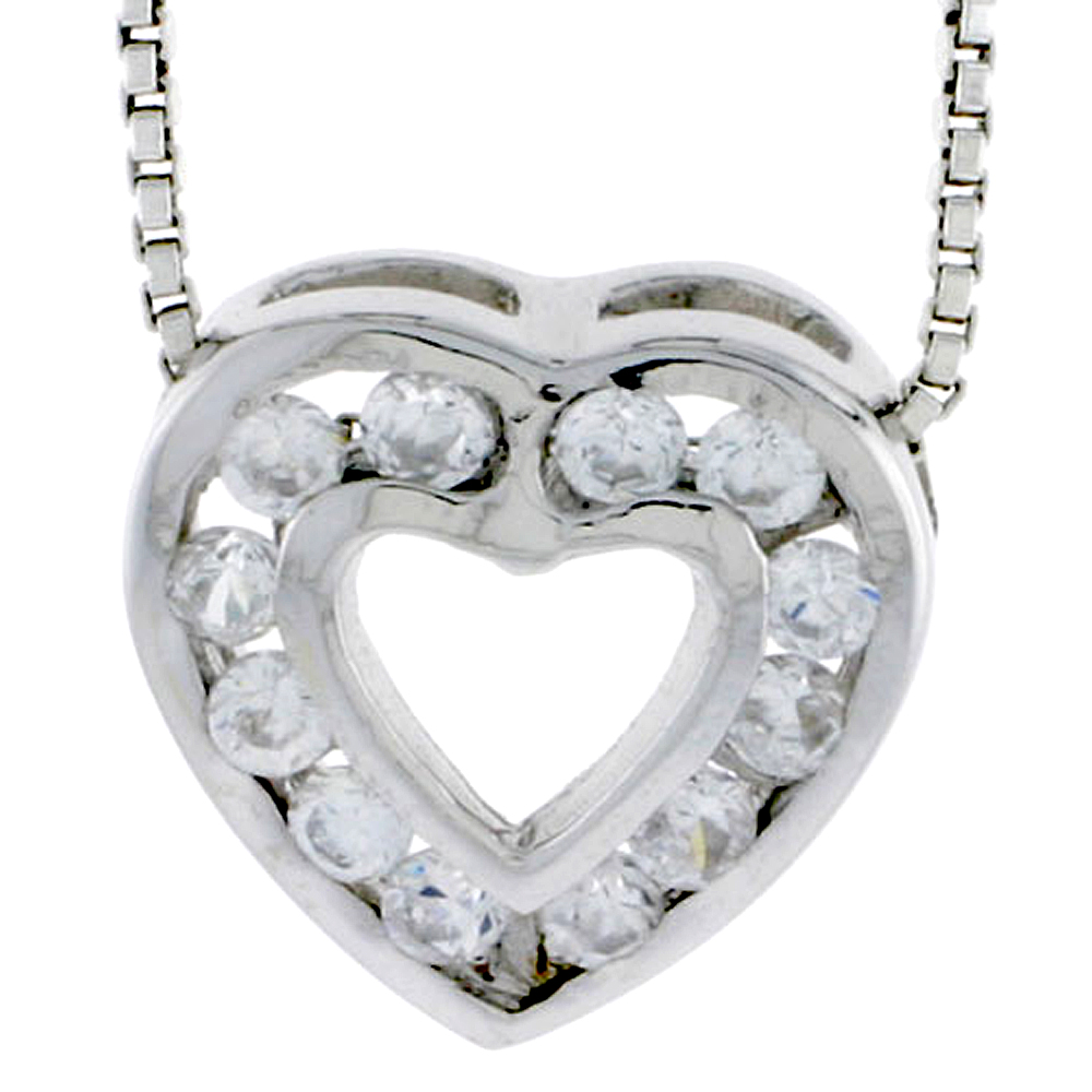 HIGH POLISHED STERLING SILVER 1/2" (13 MM) TALL HEART PENDANT SLIDE, W/ TWELVE 2MM BRILLIANT CUT CZ STONES, W/ 18" THIN BOX CHAIN