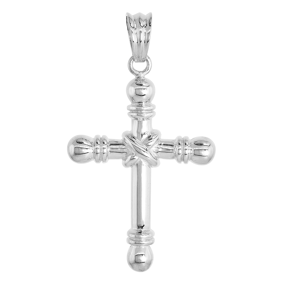 HIGH POLISHED STERLING SILVER 1 1/2" (38 MM) TALL FANCY CRUCIFIX PENDANT, W/ 18" THIN BOX CHAIN
