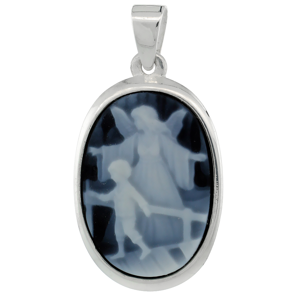 STERLING SILVER NATURAL BLUE AGATE CAMEO GUARDIAN ANGEL W/ LITTLE BOY PENDANT 18X13MM