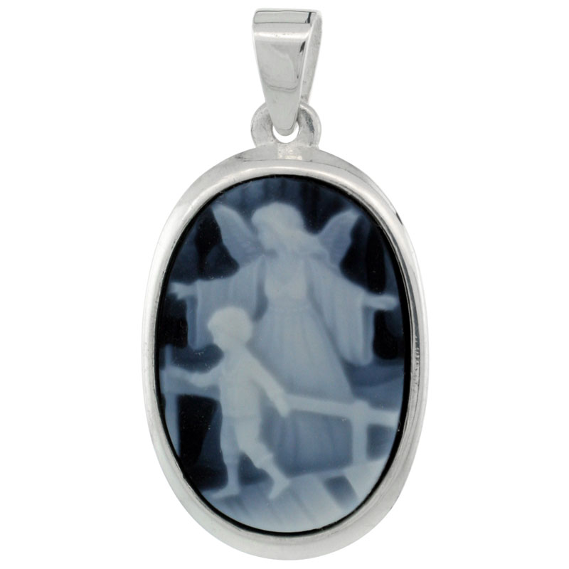Sterling Silver Natural Blue Agate Cameo Guardian Angel w/ Little Boy Pendant 18x13mm