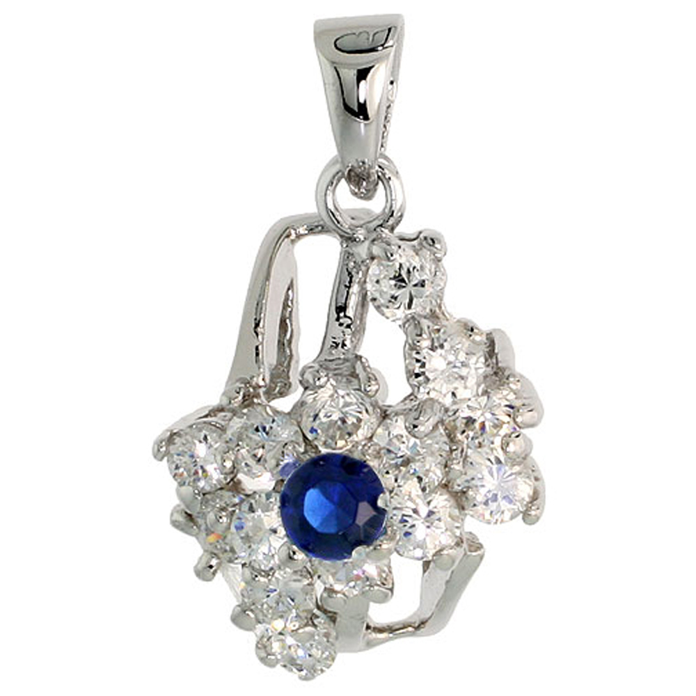 STERLING SILVER BLUE SAPPHIRE CUBIC ZIRCONIA COCKTAIL PENDANT RHODIUM FINISH, 1/2 INCH LONG