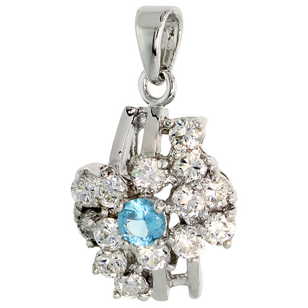 STERLING SILVER BLUE TOPAZ CUBIC ZIRCONIA COCKTAIL PENDANT RHODIUM FINISH, 1/2 INCH LONG