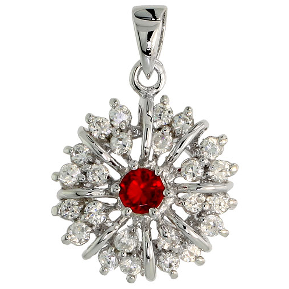 STERLING SILVER GARNET CUBIC ZIRCONIA STARBURST PENDANT RHODIUM FINISH, 1/2 INCH LONG