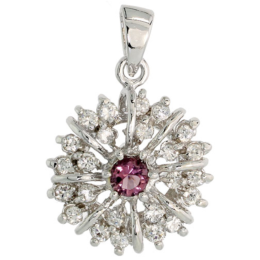 STERLING SILVER AMETHYST CUBIC ZIRCONIA STARBURST PENDANT RHODIUM FINISH, 1/2 INCH LONG