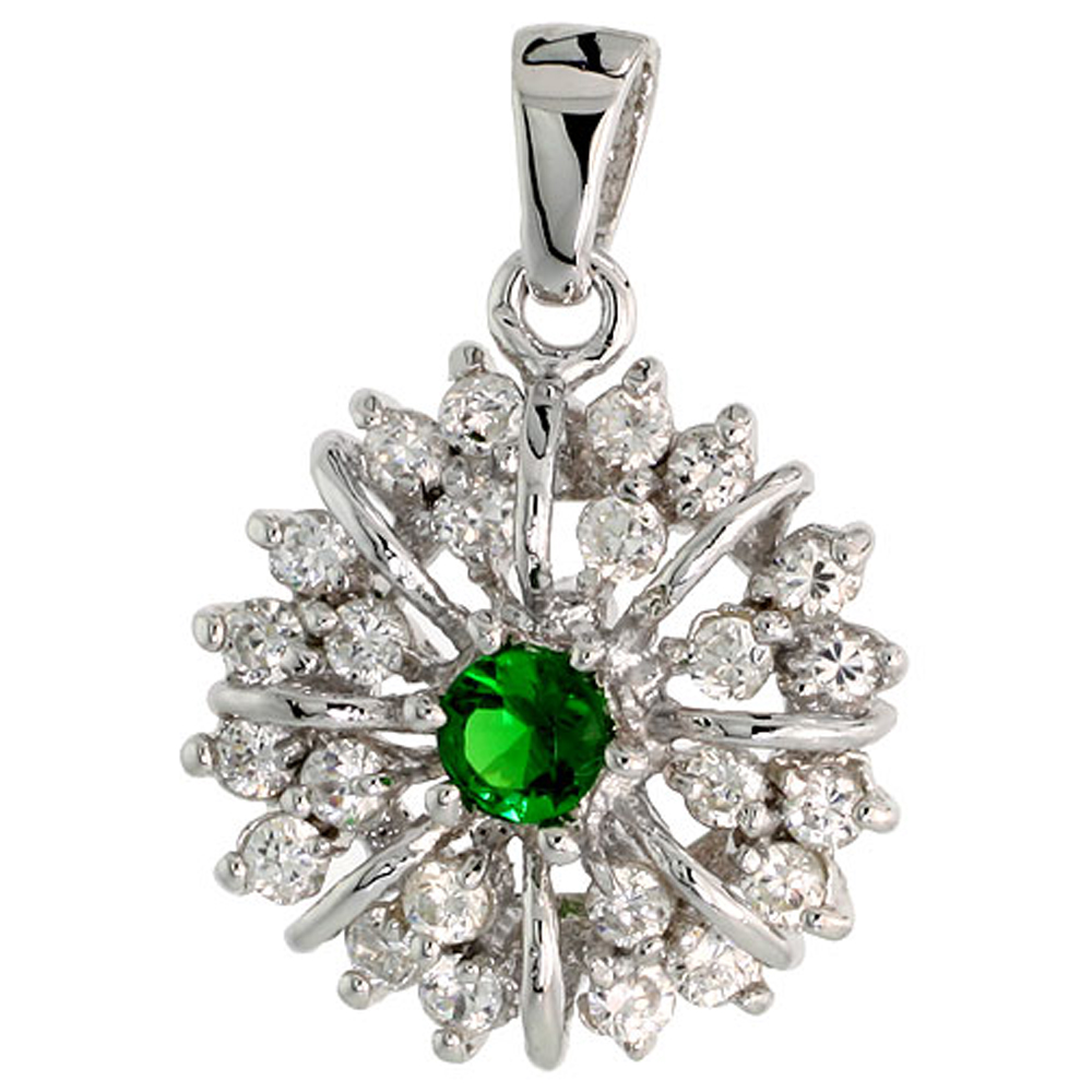 STERLING SILVER EMERALD CUBIC ZIRCONIA STARBURST PENDANT RHODIUM FINISH, 1/2 INCH LONG