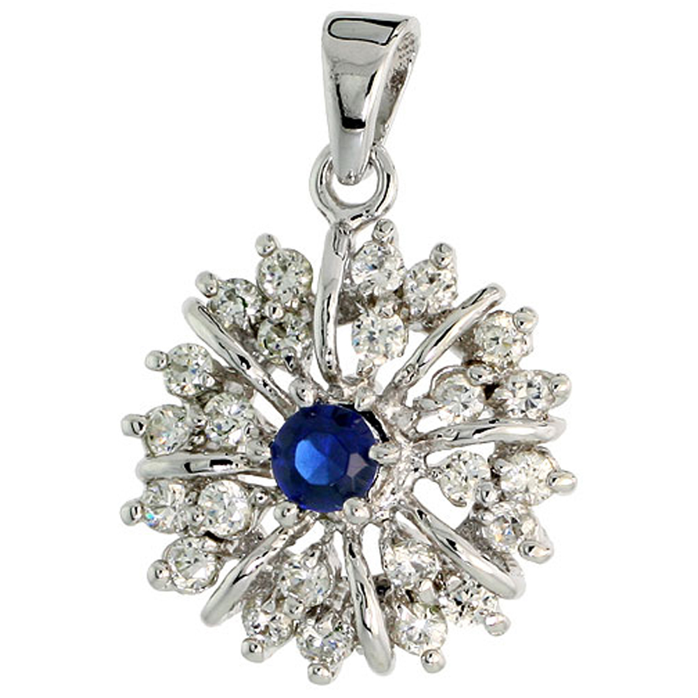 STERLING SILVER BLUE SAPPHIRE CUBIC ZIRCONIA STARBURST PENDANT RHODIUM FINISH, 1/2 INCH LONG