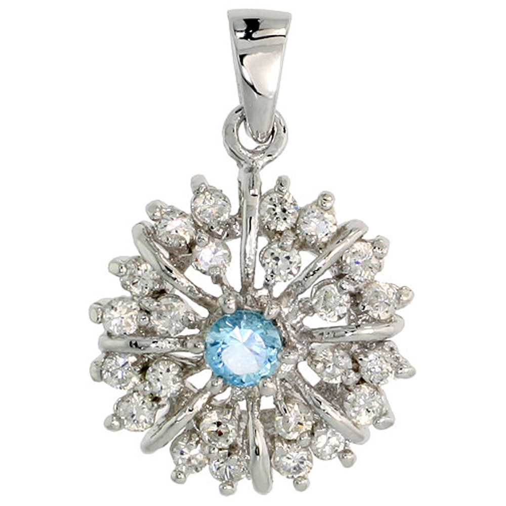 STERLING SILVER BLUE TOPAZ CUBIC ZIRCONIA STARBURST PENDANT RHODIUM FINISH, 1/2 INCH LONG