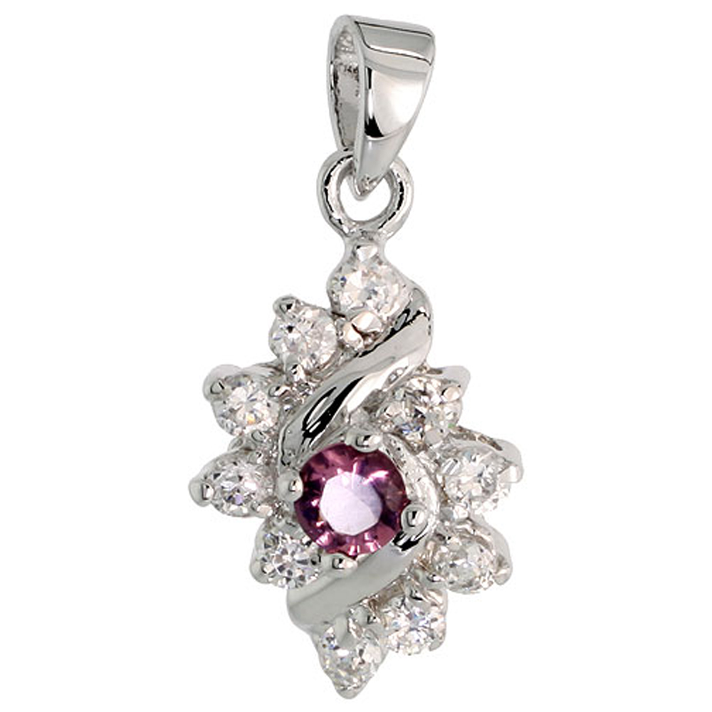 STERLING SILVER AMETHYST CUBIC ZIRCONIA PENDANT DIAMOND SHAPE RHODIUM FINISH, 1/2 INCH LONG