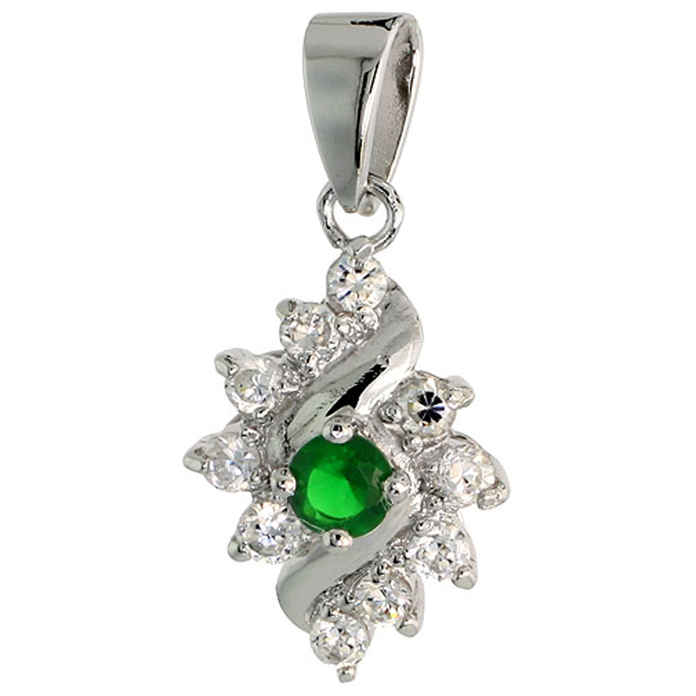 STERLING SILVER EMERALD CUBIC ZIRCONIA PENDANT DIAMOND SHAPE RHODIUM FINISH, 1/2 INCH LONG