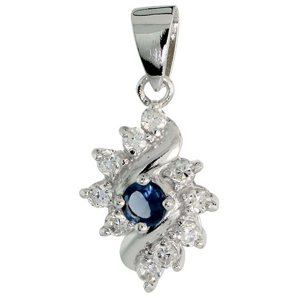 STERLING SILVER BLUE SAPPHIRE CUBIC ZIRCONIA PENDANT DIAMOND SHAPE RHODIUM FINISH, 1/2 INCH LONG