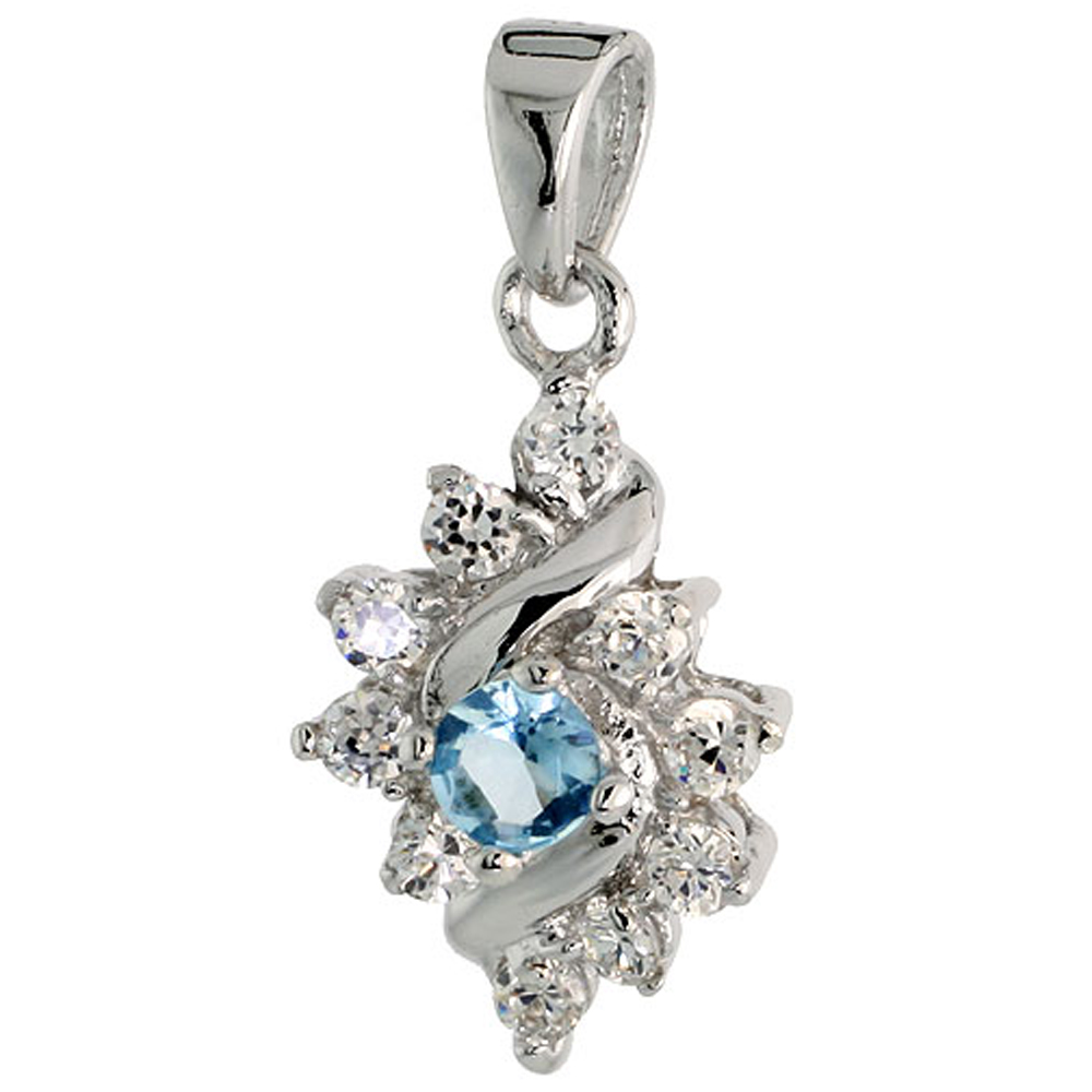 STERLING SILVER BLUE TOPAZ CUBIC ZIRCONIA PENDANT DIAMOND SHAPE RHODIUM FINISH, 1/2 INCH LONG