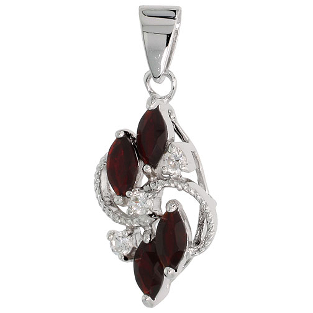 STERLING SILVER GARNET CUBIC ZIRCONIA 4-STONE PENDANT NAVETTE SHAPE RHODIUM FINISH, 3/4 INCH LONG
