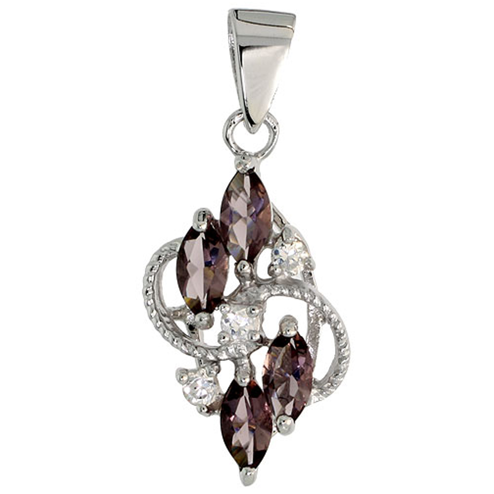 STERLING SILVER AMETHYST CUBIC ZIRCONIA 4-STONE PENDANT NAVETTE SHAPE RHODIUM FINISH, 3/4 INCH LONG