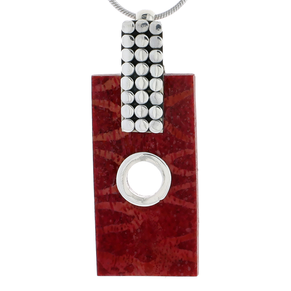 STERLING SILVER NATURAL CORAL RECTANGULAR PENDANT 1 7/8 INCHES WIDE