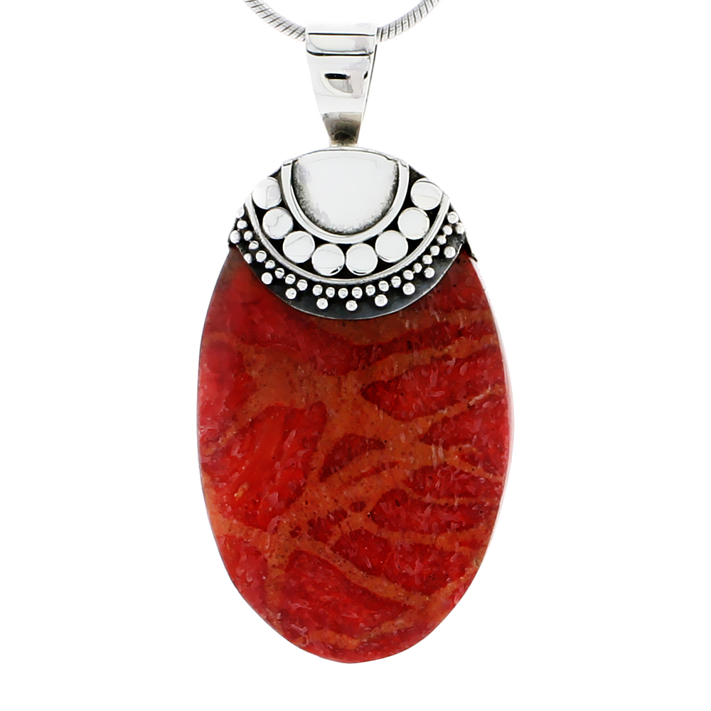 STERLING SILVER NATURAL CORAL OVAL SHAPE PENDANT 1 3/16 INCHES WIDE