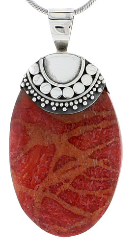 Sterling Silver Natural Coral Oval Shape Pendant 1 3/16 inches wide