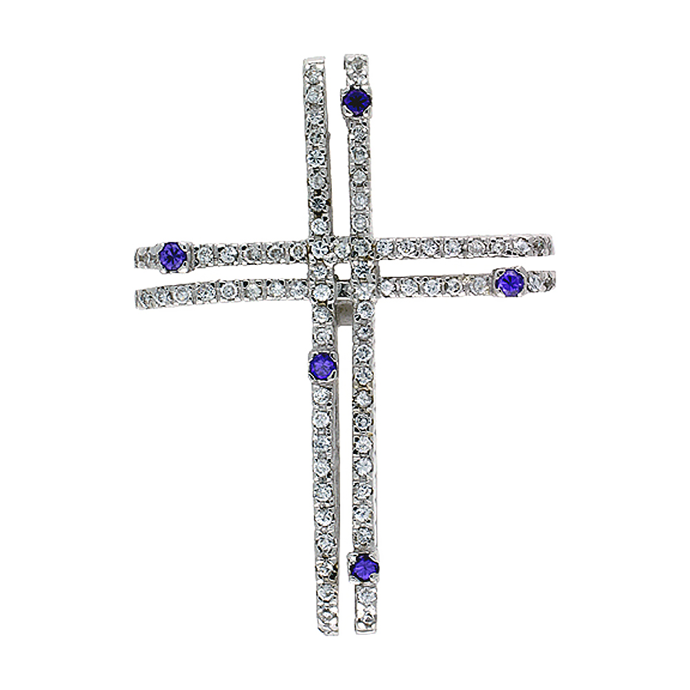 STERLING SILVER GAMMADIA CROSS PENDANT, W/ BRILLIANT CUT CLEAR & AMETHYST-COLORED CZ STONES, 2" (51 MM) TALL, W/ 18" THIN SNAKE CHAIN