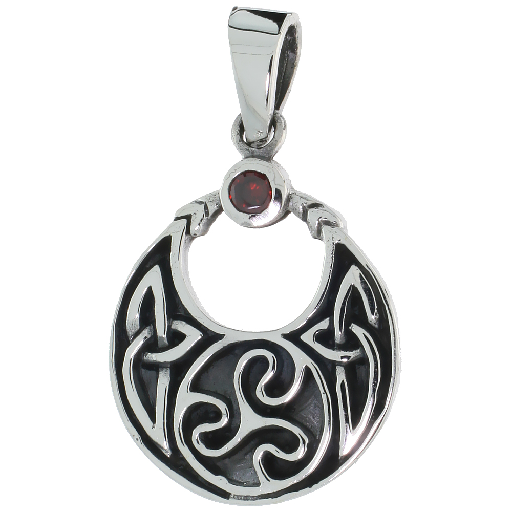 STERLING SILVER CELTIC MOON NECKLACE RED CZ SPIRAL TRISKELE, 1 INCH TALL
