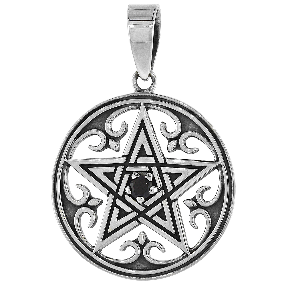 STERLING SILVER FLEUR DE LIS PENTAGRAM NECKLACE BLACK CZ, 1 1/8 INCH TALL