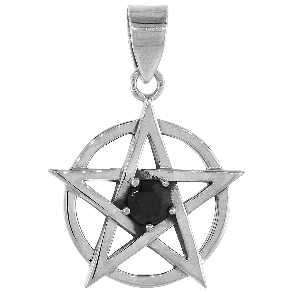 STERLING SILVER PENTAGRAM NECKLACE BLACK CZ, 3/4 INCH TALL