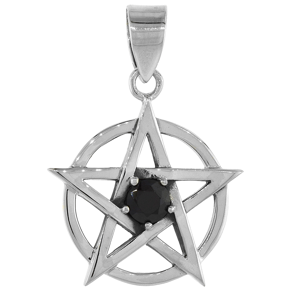 Sterling Silver Pentagram Necklace Black CZ, 3/4 inch tall