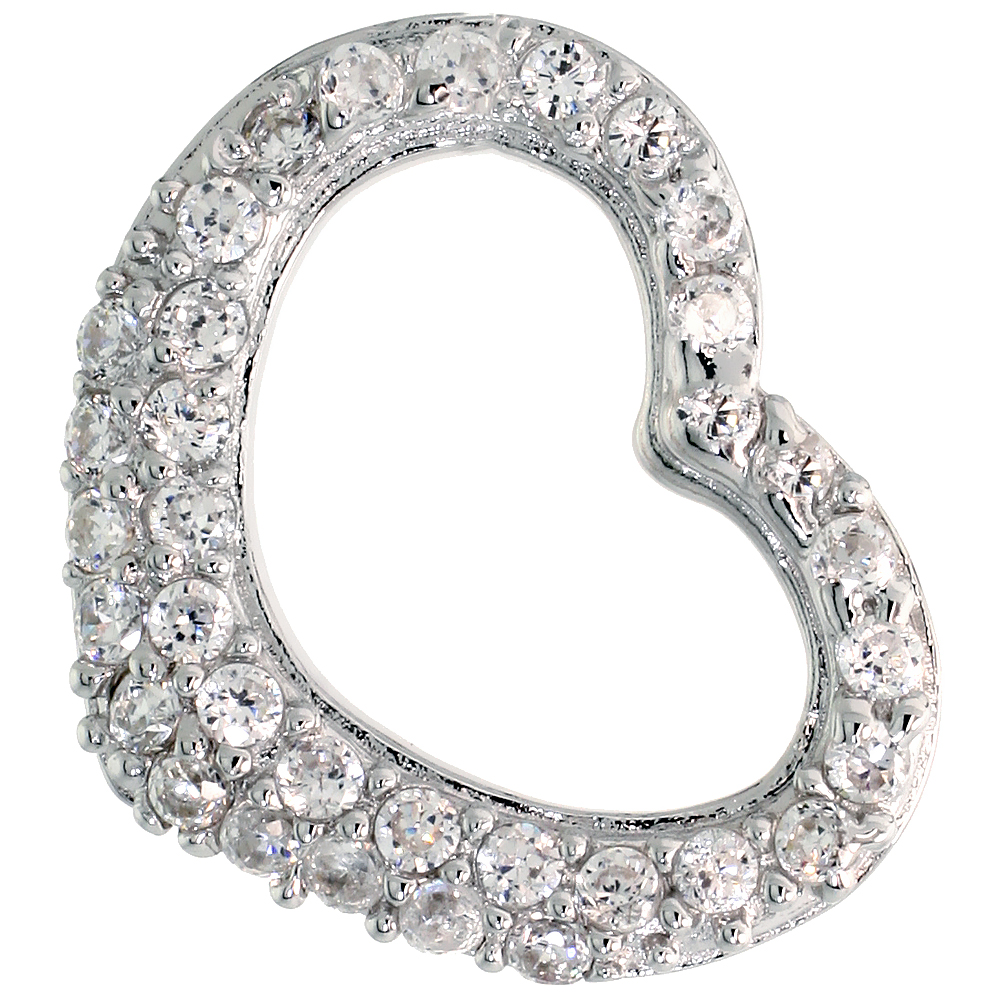 STERLING SILVER HEART SLIDER PENDANT W/ PAVE CZ STONES, 3/4" (19 MM) TALL