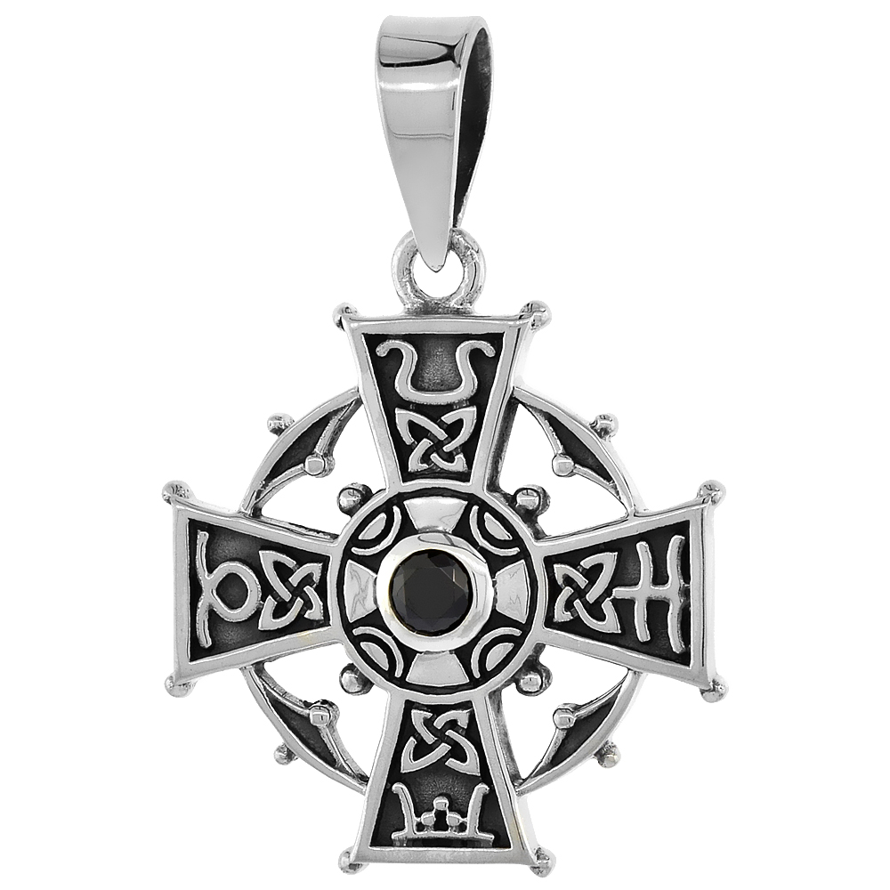 STERLING SILVER CELTIC CROSS NECKLACE BLACK CZ WITH SYMBOLS, 7/8 INCH TALL