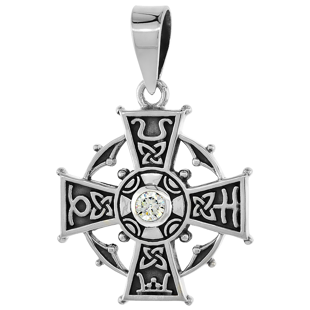 Sterling Silver Celtic Cross Necklace White CZ with Symbols, 7/8 inch tall
