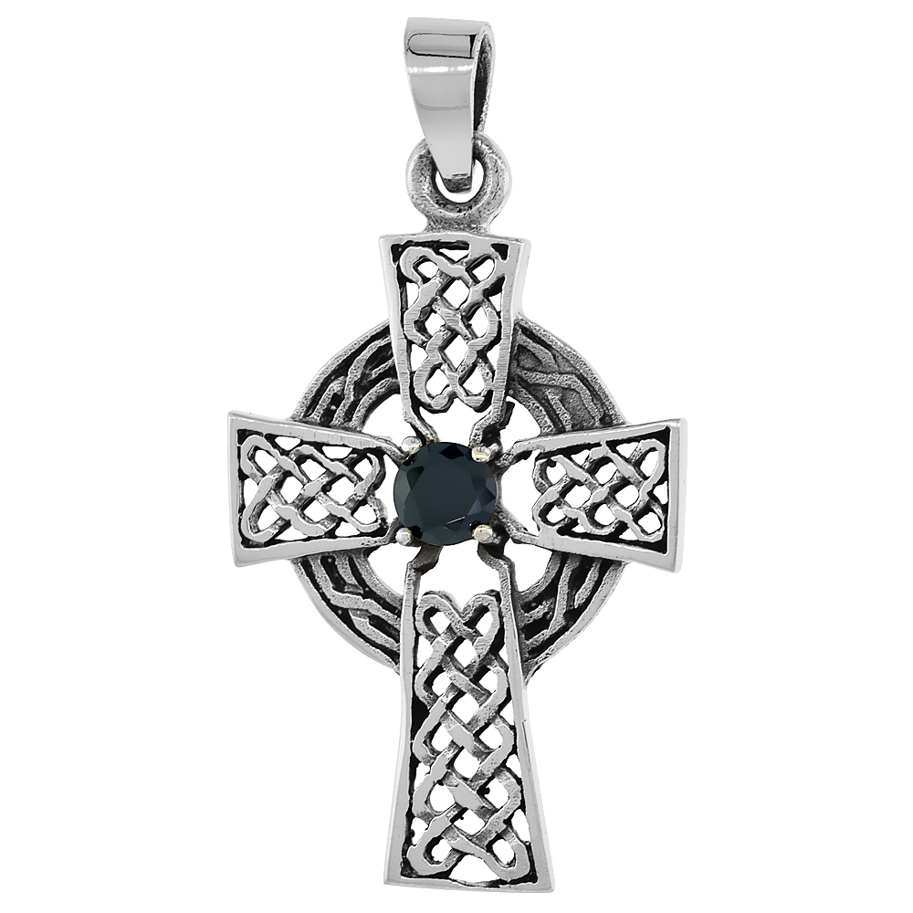 STERLING SILVER CELTIC CROSS NECKLACE BLACK CZ, 1 1/2 INCH TALL