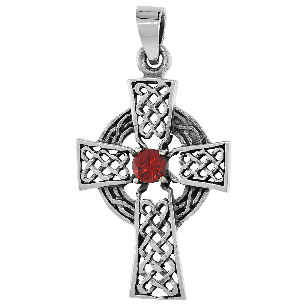 STERLING SILVER CELTIC CROSS NECKLACE RED CZ, 1 1/2 INCH TALL