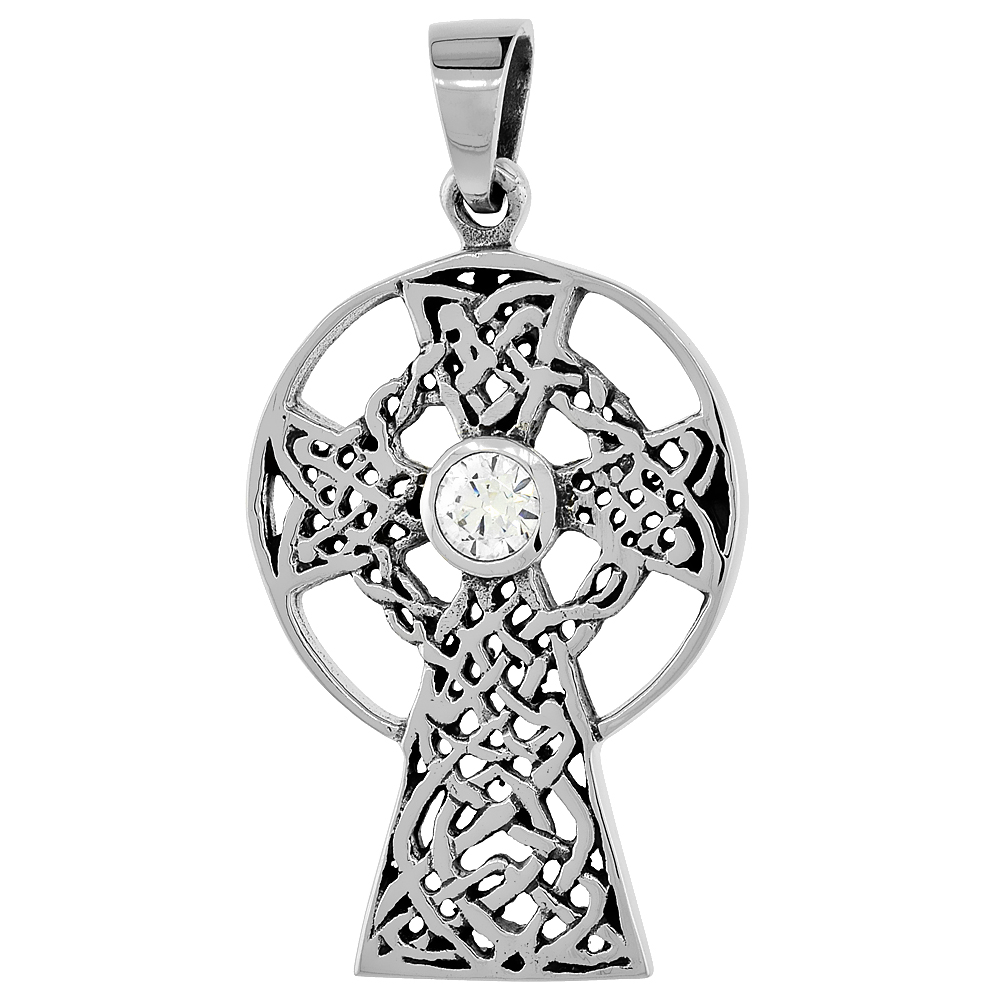 STERLING SILVER CELTIC CROSS NECKLACE CLEAR CZ, 1 1/4 INCH TALL