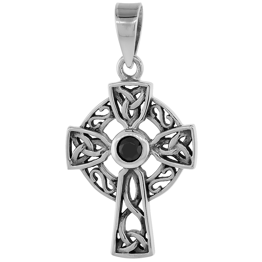 STERLING SILVER TRINITY CELTIC CROSS NECKLACE BLACK CZ, 1 1/8 INCH TALL
