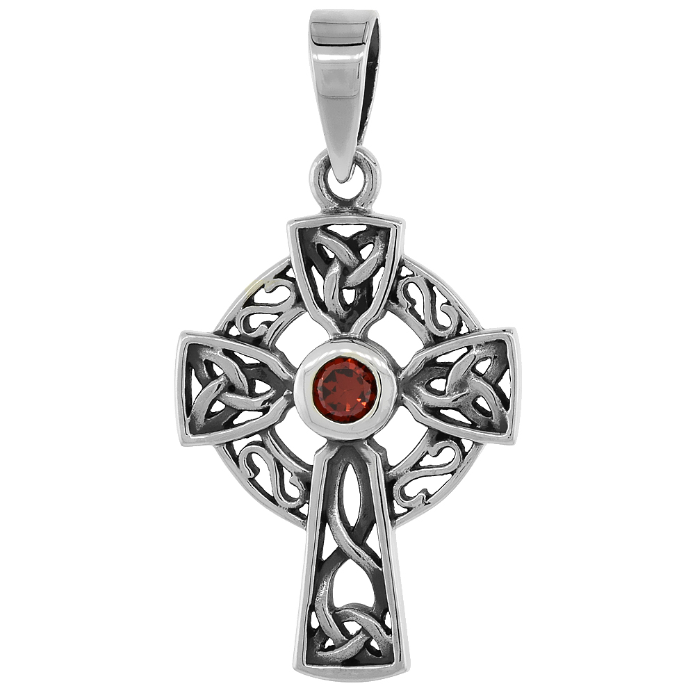 STERLING SILVER TRINITY CELTIC CROSS NECKLACE RED CZ, 1 1/8 INCH TALL