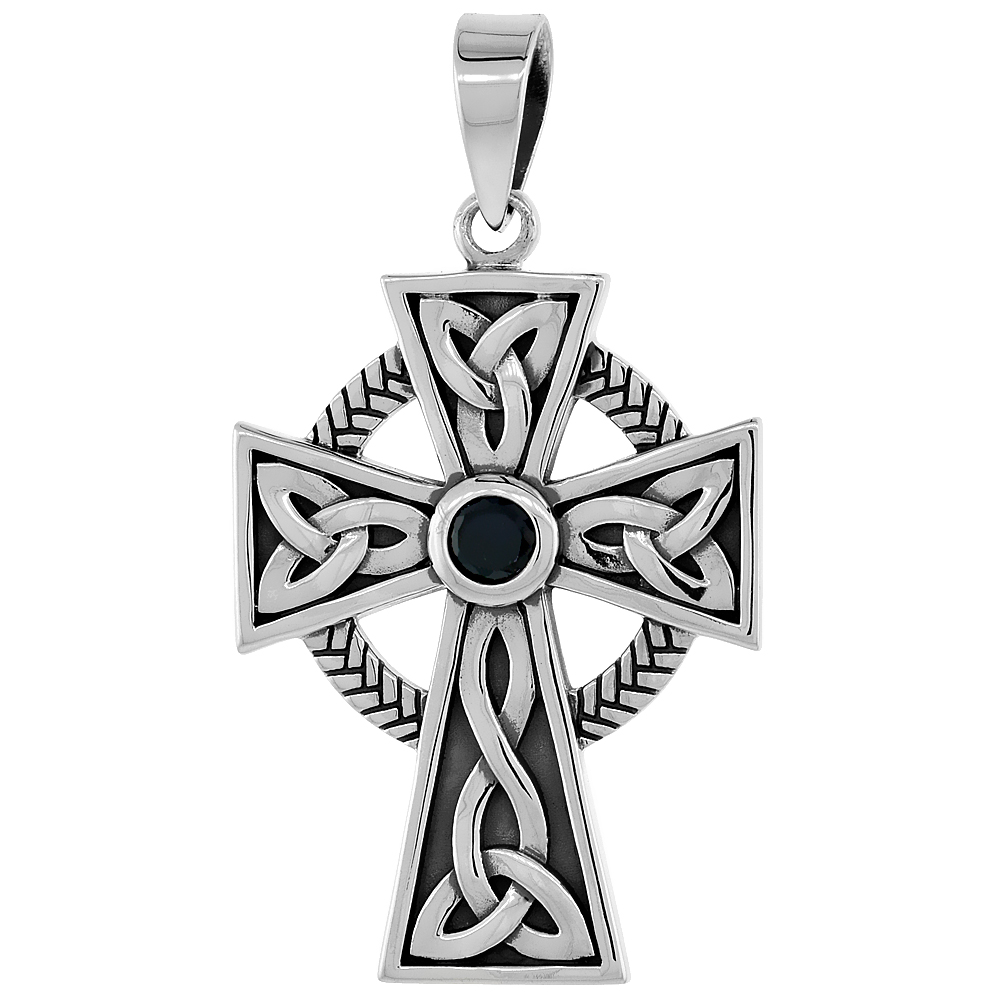 STERLING SILVER TRINITY CELTIC CROSS NECKLACE WITH TRIQUETRAS BLACK CZ, 1 1/4 INCH TALL