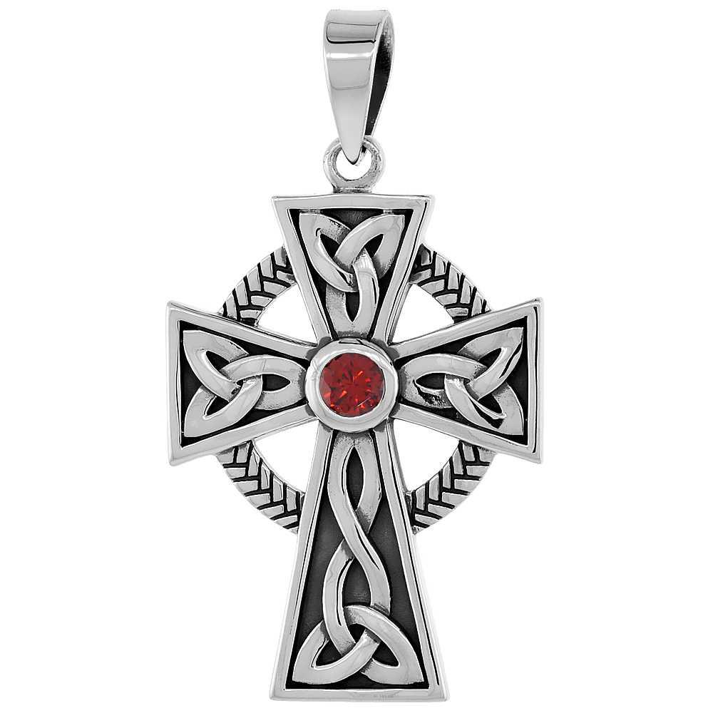 STERLING SILVER TRINITY CELTIC CROSS NECKLACE WITH TRIQUETRAS RED CZ, 1 1/4 INCH TALL