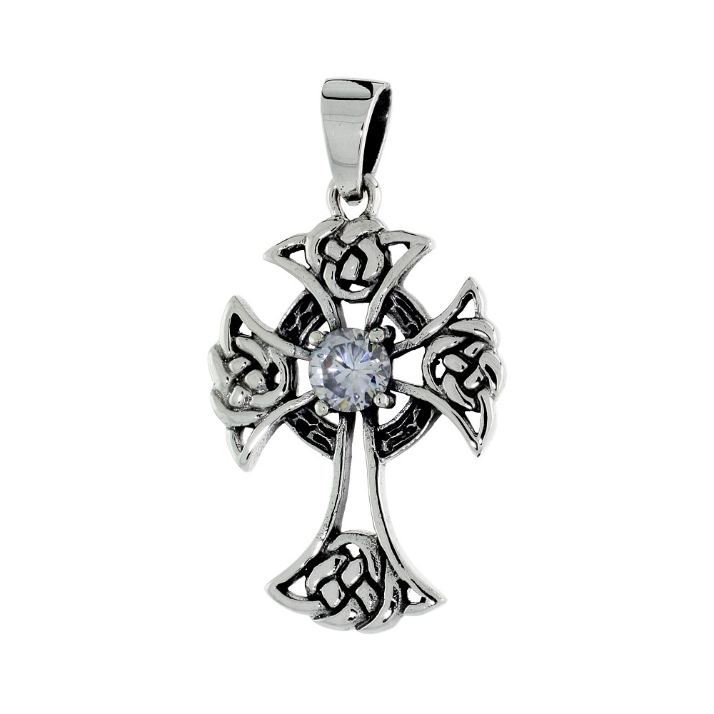 STERLING SILVER CELTIC CROSS NECKLACE CLEAR CZ, 1 3/16 INCH TALL