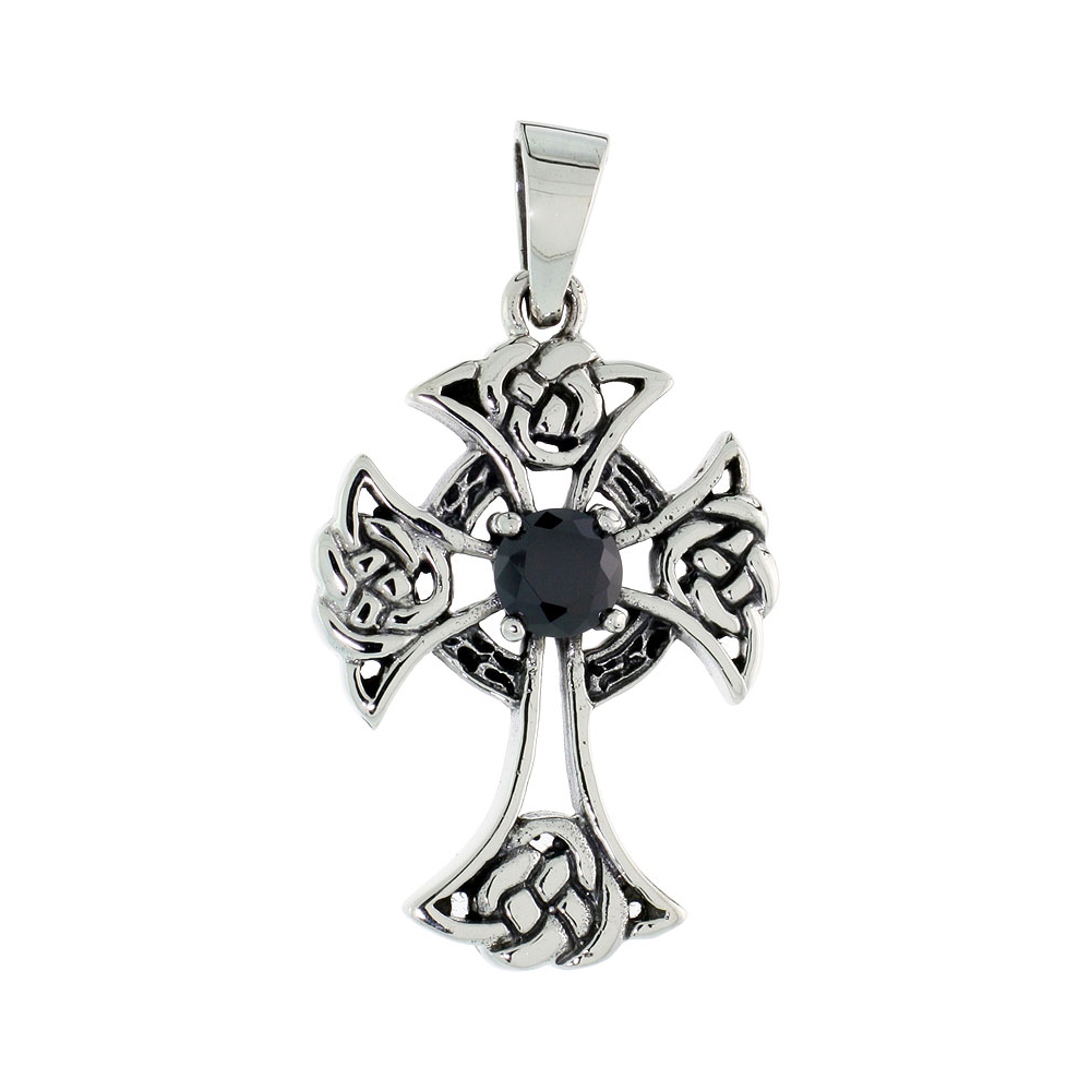 STERLING SILVER CELTIC CROSS NECKLACE BLACK CZ, 1 3/16 INCH TALL