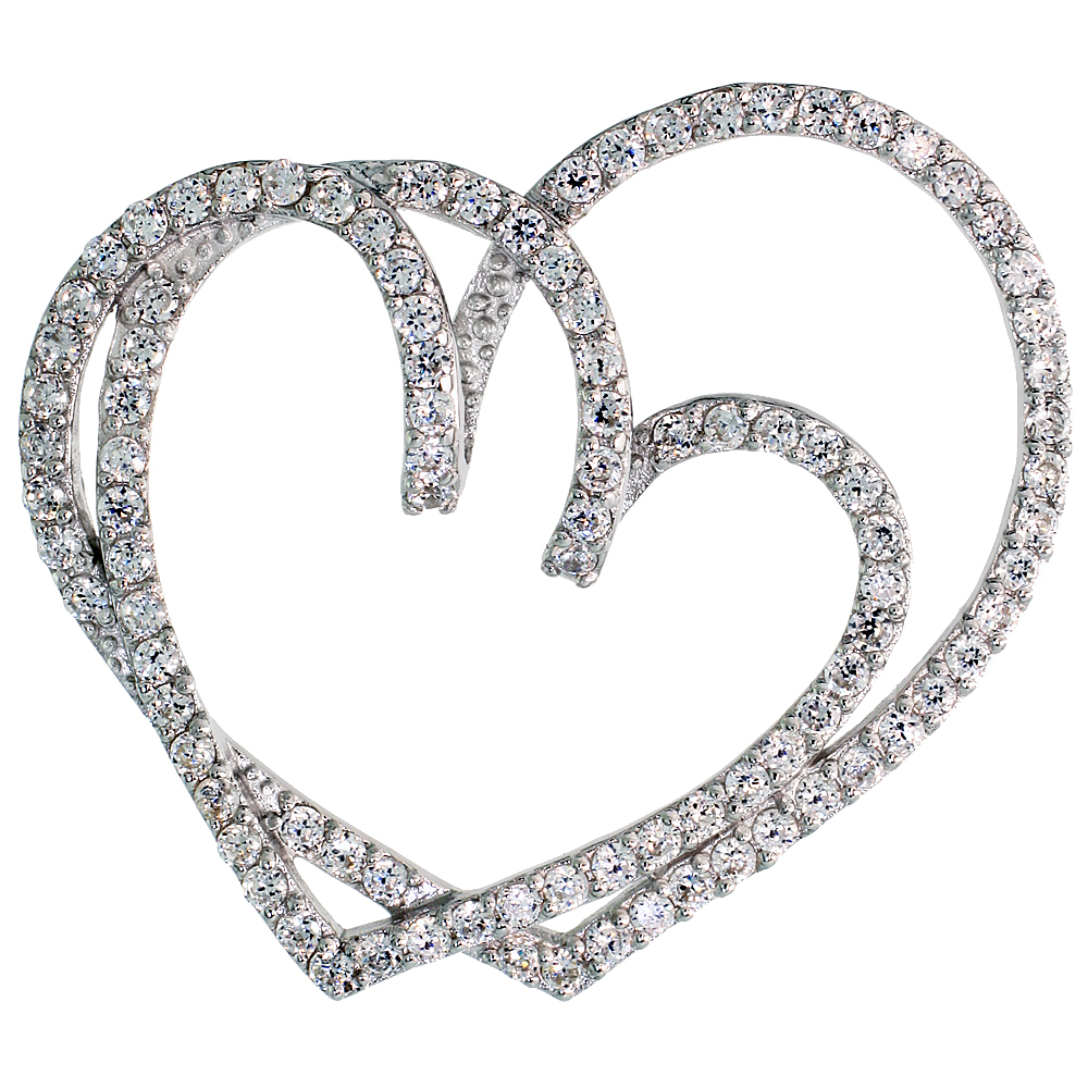 STERLING SILVER DOUBLE HEART SLIDER PENDANT W/ PAVE CZ STONES, 1 3/8" (35 MM) TALL