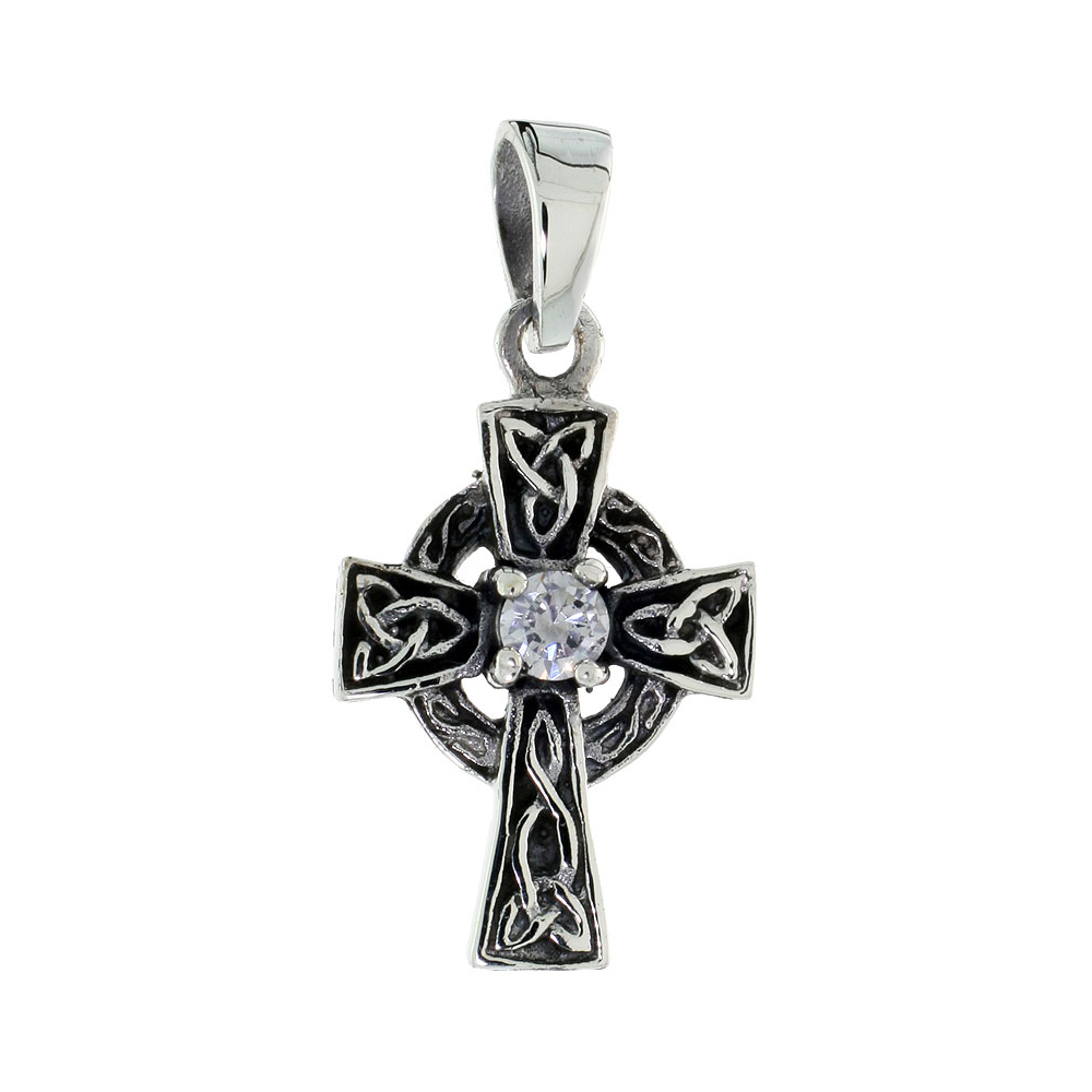 STERLING SILVER SMALL CELTIC CROSS NECKLACE WITH TRIQUETRAS CLEAR CZ, 1 INCH TALL