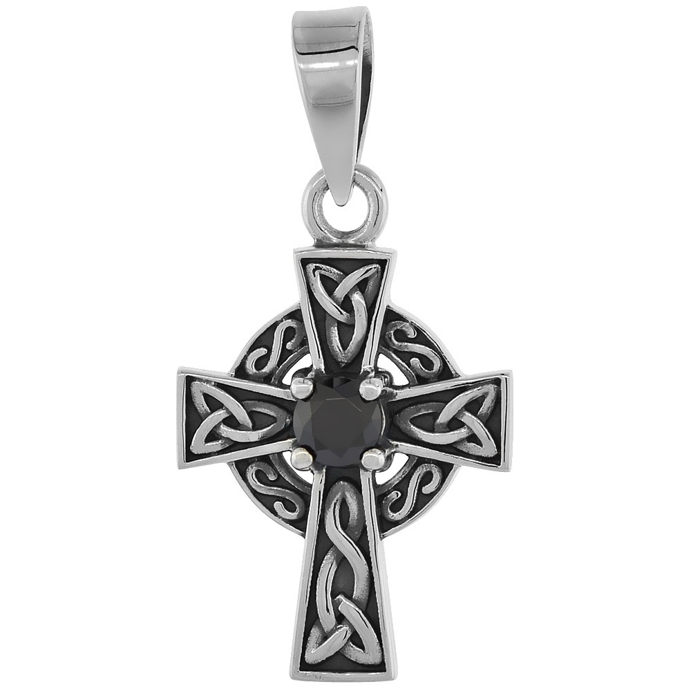 STERLING SILVER SMALL CELTIC CROSS NECKLACE WITH TRIQUETRAS BLACK CZ, 1 INCH TALL