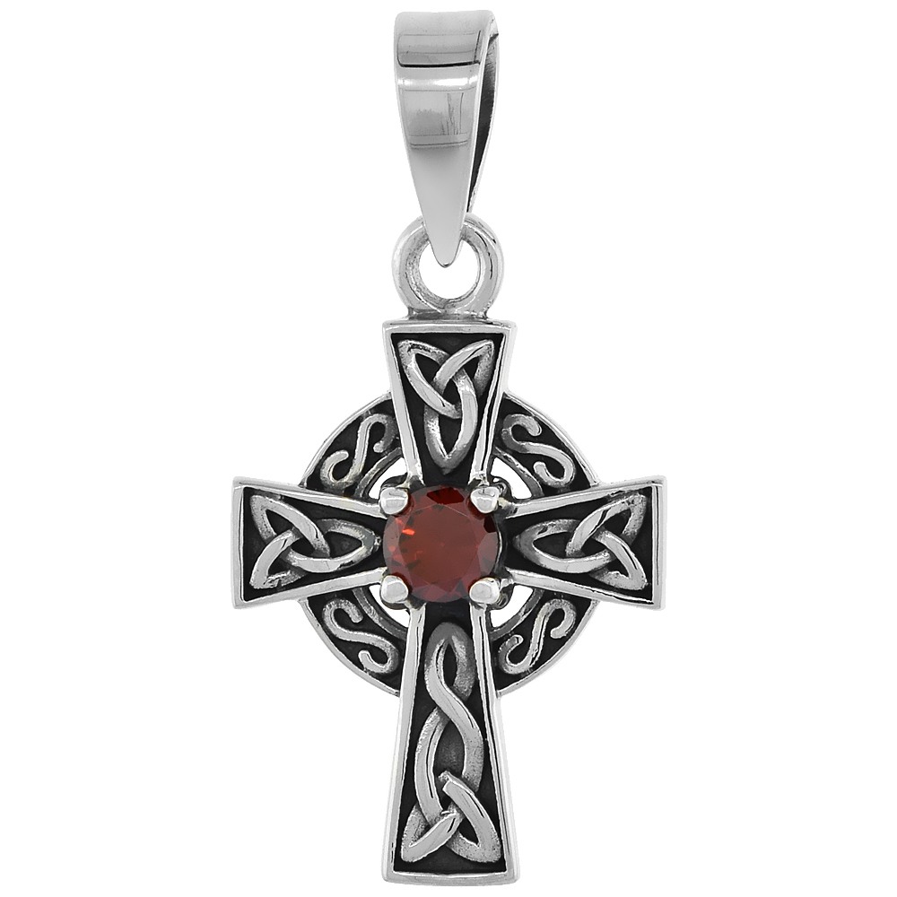 STERLING SILVER SMALL CELTIC CROSS NECKLACE WITH TRIQUETRAS RED CZ, 1 INCH TALL