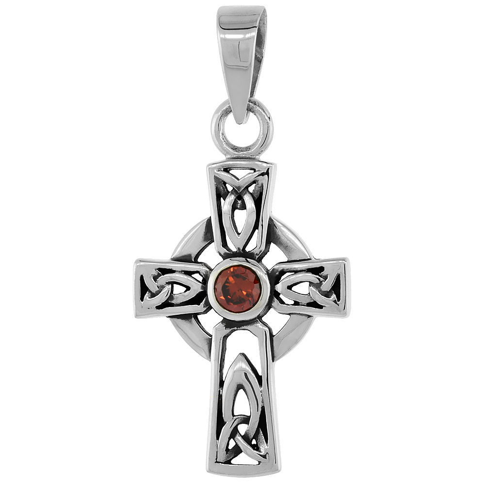 STERLING SILVER SMALL CELTIC CROSS NECKLACE WITH TRIQUETRAS RED CZ, 1 1/8 INCH TALL