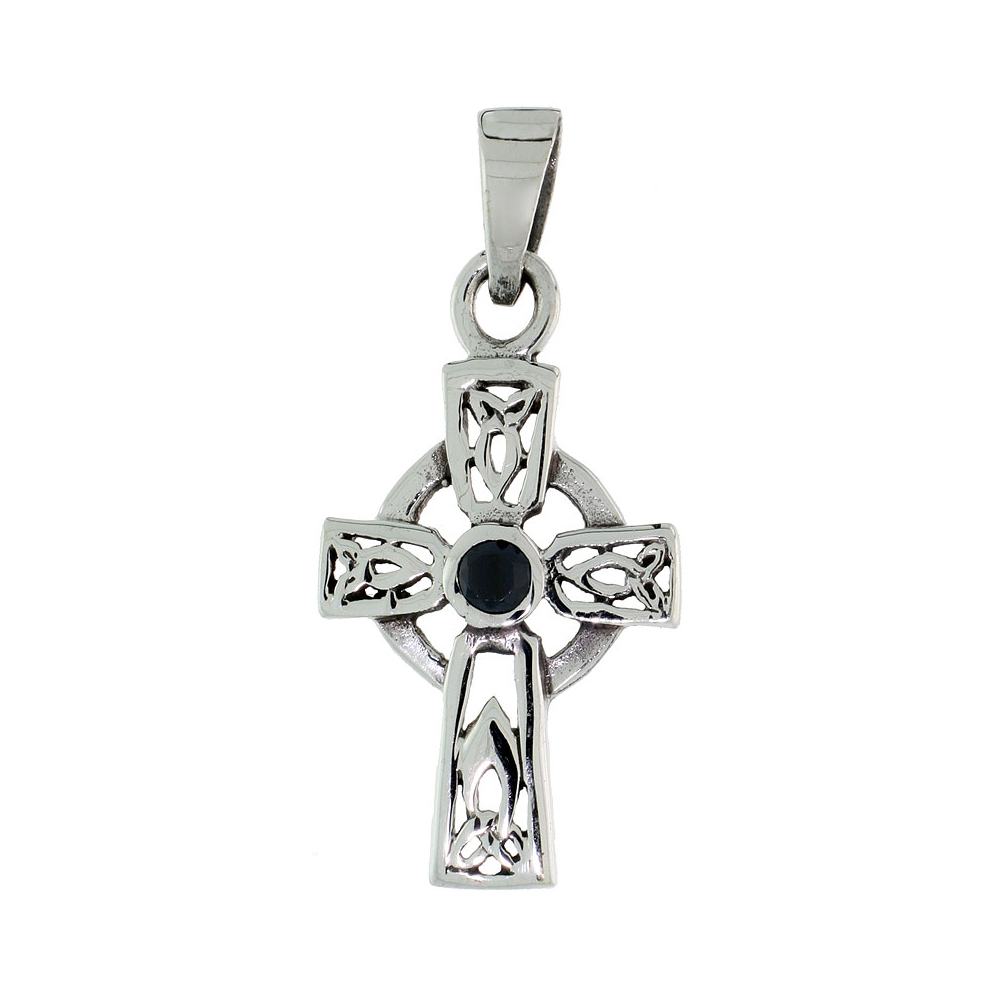 STERLING SILVER SMALL CELTIC CROSS NECKLACE WITH TRIQUETRAS BLACK CZ, 1 1/8 INCH TALL