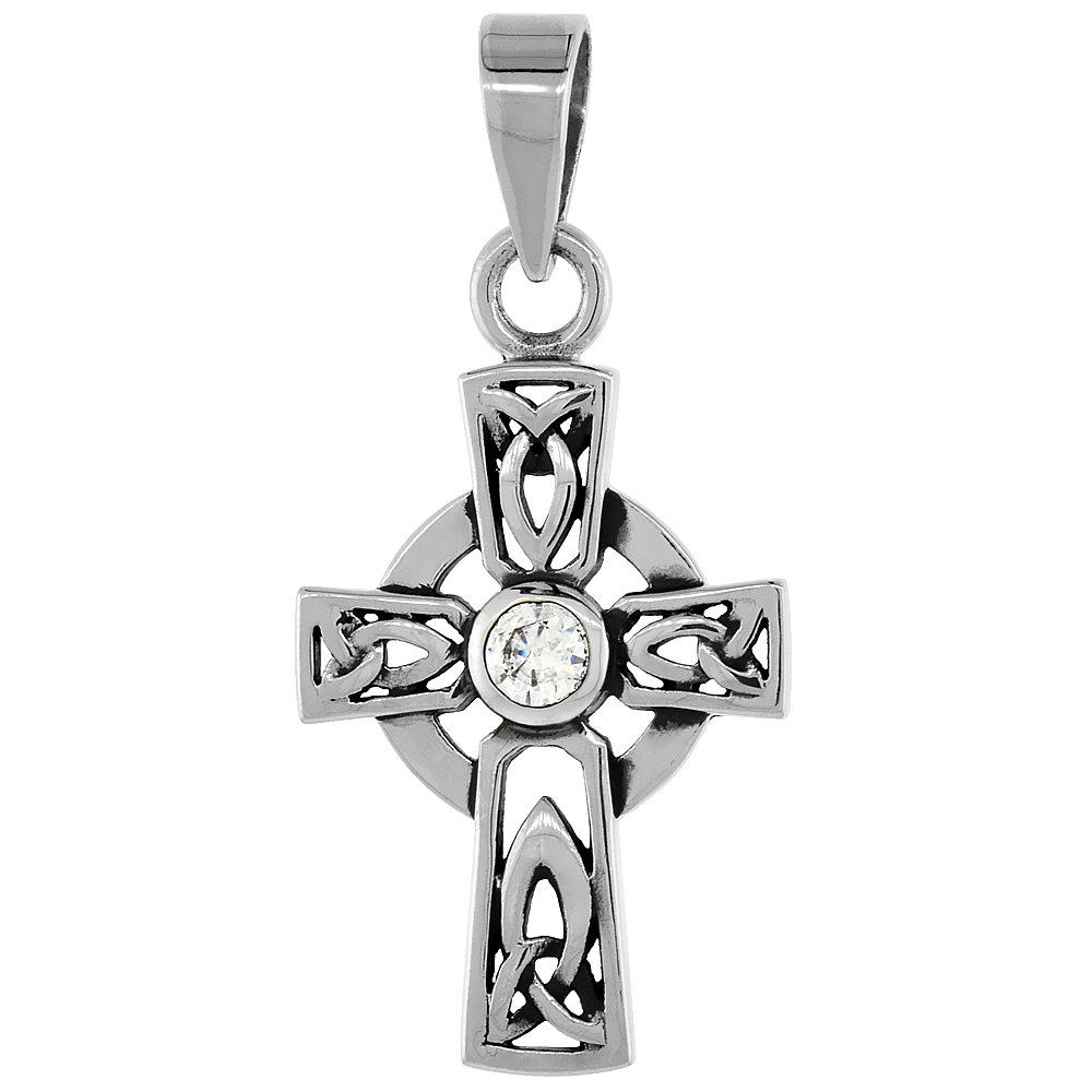 STERLING SILVER SMALL CELTIC CROSS NECKLACE WITH TRIQUETRAS CLEAR CZ, 1 1/8 INCH TALL