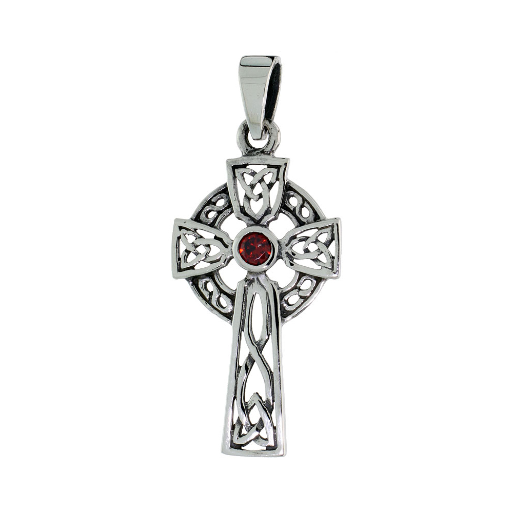 STERLING SILVER CELTIC CROSS NECKLACE WITH TRIQUETRAS RED CZ, 1 3/8 INCH TALL