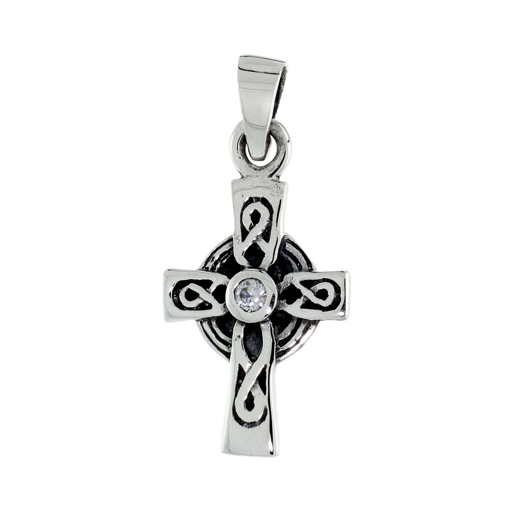 STERLING SILVER CELTIC CROSS NECKLACE INFINITY SYMBOLS CLEAR CZ, 1 1/8 INCH TALL