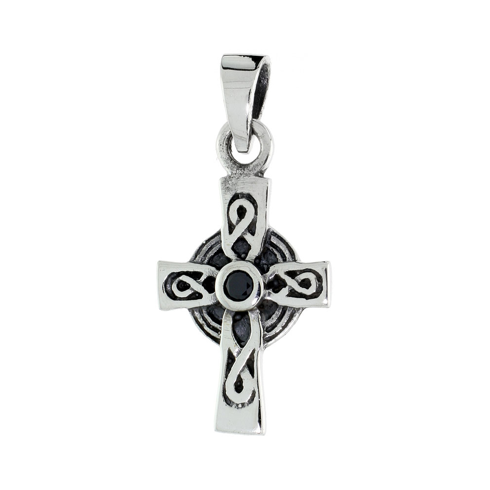 STERLING SILVER CELTIC CROSS NECKLACE INFINITY SYMBOLS BLACK CZ, 1 1/8 INCH TALL