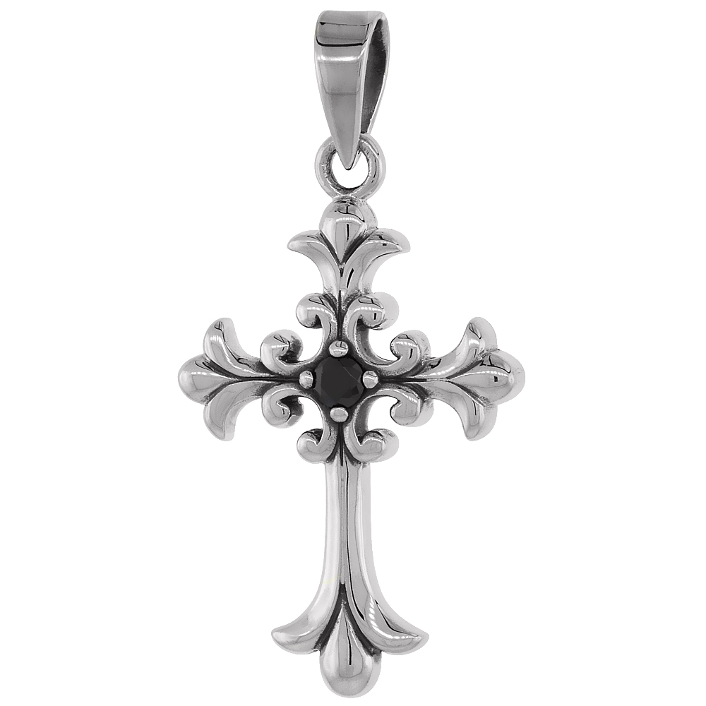 STERLING SILVER FLEUR DE LIS CROSS NECKLACE BLACK CZ, 1 3/16 INCH TALL